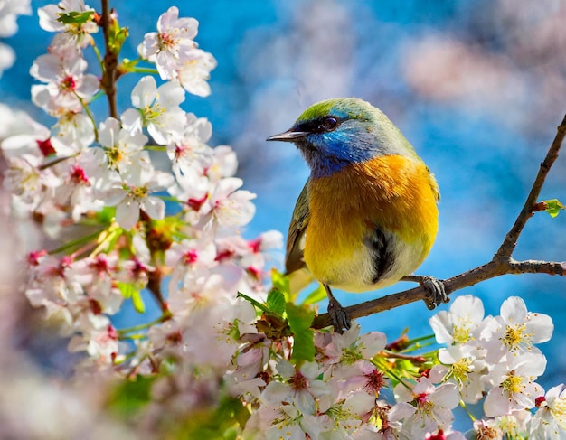 Farbiger blau-gelb-grüner Vogel-Sänger-Vogel in Kirschblüten-Pink