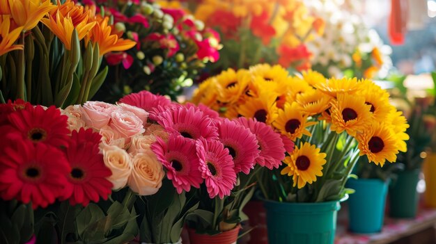 Foto farbiger blumenstrauß auf einem tisch