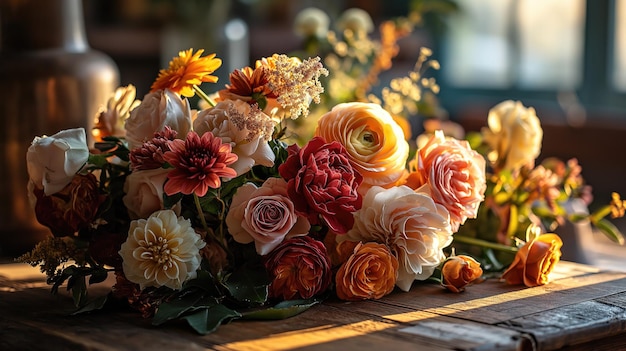 Foto farbiger blumenstrauß aus verschiedenen frischen blumen, rustikaler hintergrund