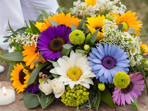 Foto farbiger blumenstrauß im frühling als hintergrund von oben