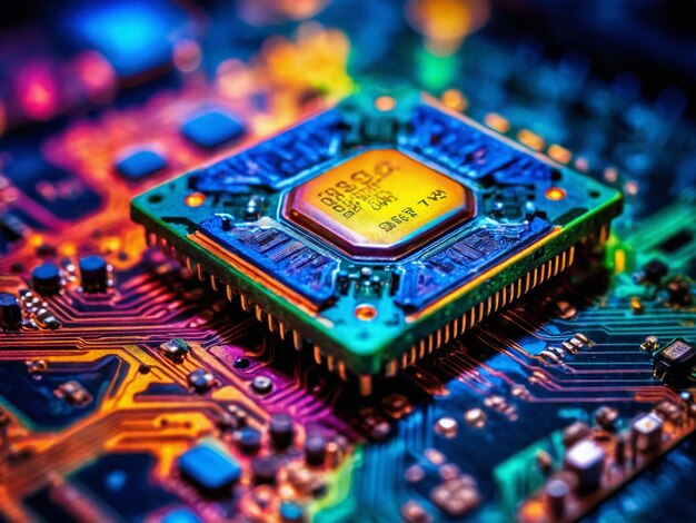 Farbiger CPU-Chip, der in einer Leiterplatte platziert ist und komplizierte elektronische Komponenten anzeigt