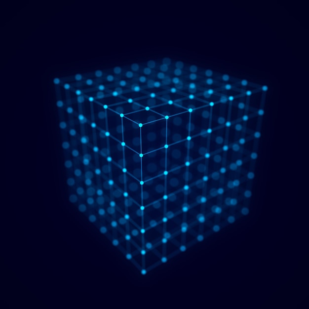 Farbiger Drahtrahmen-Kubus mit Verbindungspunkten und Linien 3D-Geometrieform Realistisches isoliertes Modell 3D-Rendering