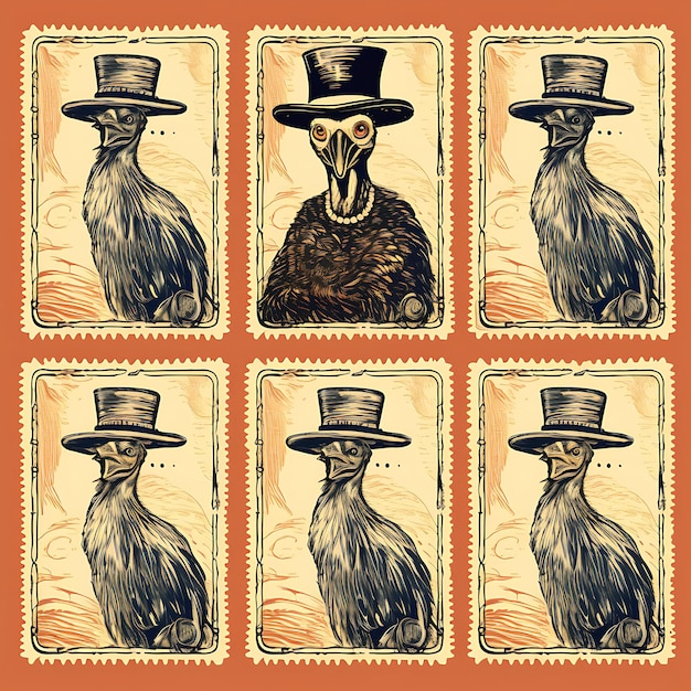 Farbiger Emu-Vogel mit Cowboy-Anzug, Hut und La-Animal-Stempel-Kollektion