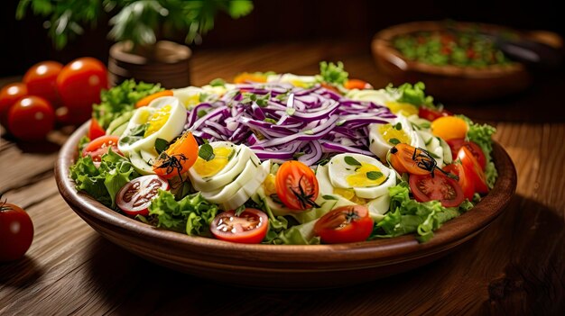 Farbiger frischer Gemüsesalat mit gekochten Eiern in einer rustikalen Schüssel auf Holzgrund