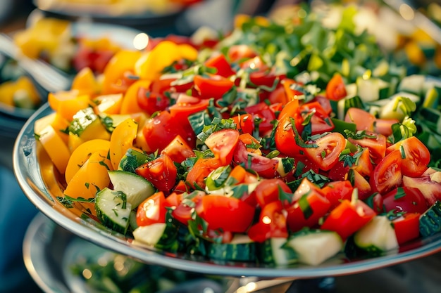 Farbiger frischer Gemüsesalat mit Tomaten, Gurken, Pfeffer und Kräutern auf einem Buffet-Tisch