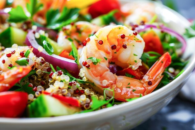 Foto farbiger garnelen- und quinoa-salat mit frischem gemüse als gesundes mittagessen