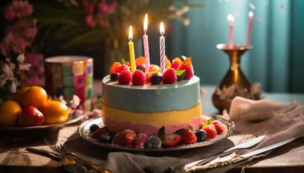 Farbiger Geburtstagskuchen mit brennenden Kerzen