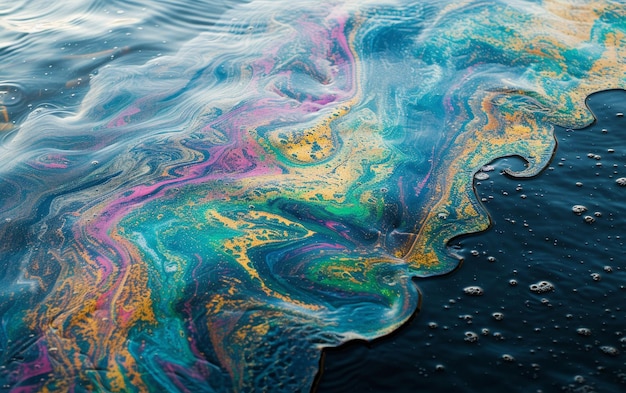 Farbiger Glanz eines auf der Wasseroberfläche schwimmenden Ölflecks Ökologisches Problem