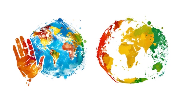 Farbiger Handabdruck mit Aquarell-Weltkarte Konzept der Kreativität und der globalen Vielfalt in der Kunst Perfekt für Bildungs- und Kulturprojekte KI