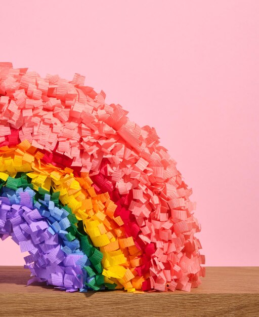 Farbiger, heller Pinata-Regenbogen steht auf einer Holzoberfläche Festive und farbenfrohe Stimmung