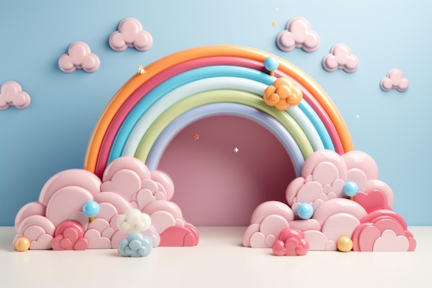 Farbiger kindischer Party-Hintergrund mit Regenbogen und Wolken im 3D-Cartoon-Stil