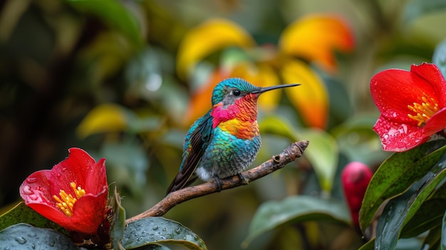 Farbiger Kolibri sitzt im Regen auf einem Zweig