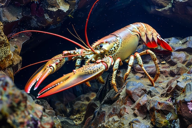 Farbiger lebender Hummer mit ausgeprägten Krallen in einem natürlichen Meereslebensraum unter Wasser