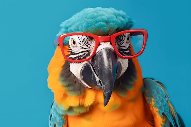 Farbiger Papagei in Brille auf blauem Hintergrund in Nahaufnahme mit Generativer KI-Technologie
