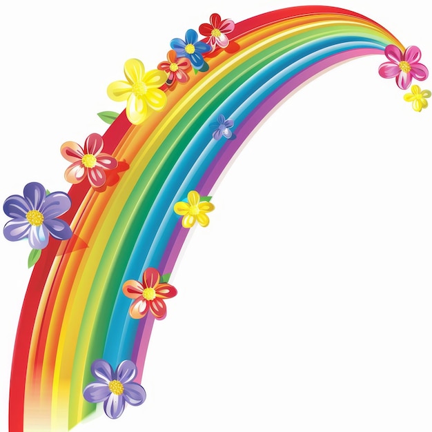 Farbiger Regenbogenbogen, geschmückt mit lebendigen Blumen, isoliert auf weißem Hintergrund Konzept der Freude, Vielfalt und Schönheit der Natur