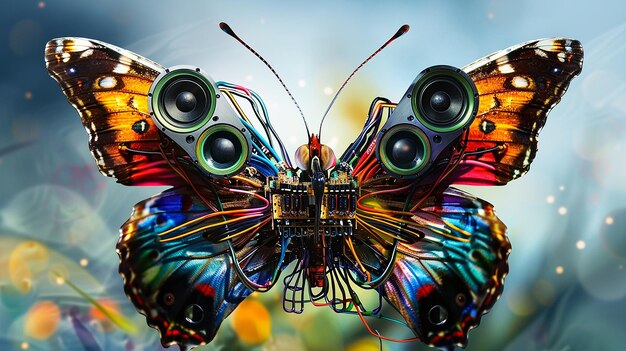 Foto farbiger schmetterling mit lautsprechern in den flügeln