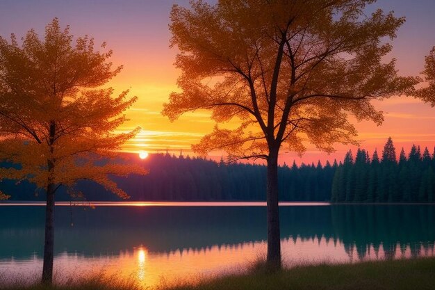 Foto farbiger sonnenaufgang auf einem kleinen see in der nähe des dorfes