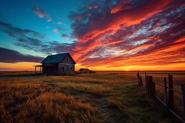 Farbiger Sonnenuntergang über einem ländlichen Bauernhaus