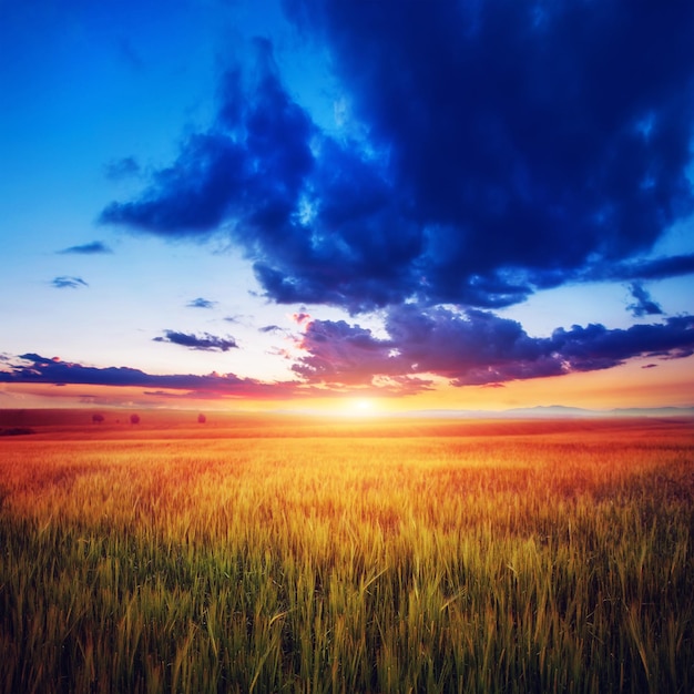 Farbiger Sonnenuntergang über Weizenfeldern Schönheitswelt Europa