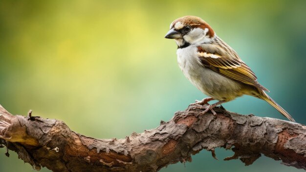 Farbiger Spatz auf einem Holzzweig mit grünem Hintergrund