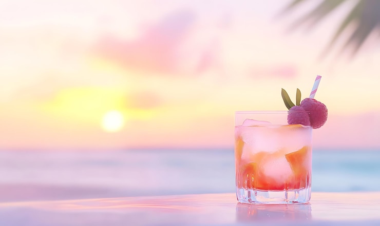 Foto farbiger tropischer cocktail mit eis und obst am strand bei sonnenuntergang