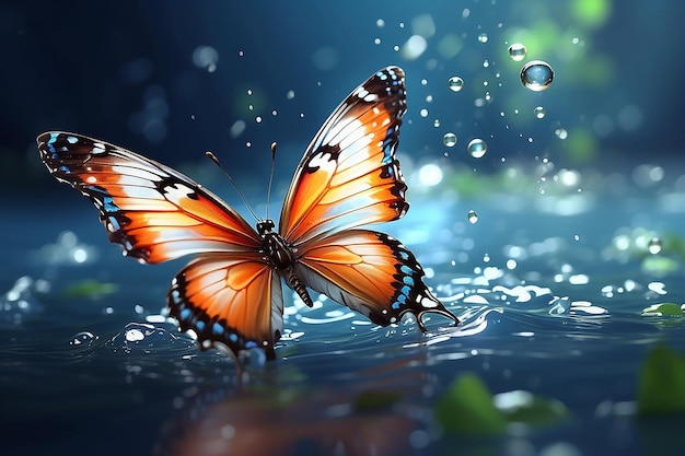 farbiger tropischer Schmetterling auf dem Hintergrund von Wasser