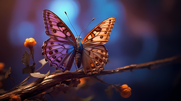 Farbiger tropischer Schmetterling auf den Blättern vor dem Hintergrund des Waldes Generative KI