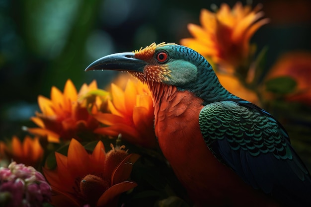 Farbiger tropischer Vogel und wunderschöne surreale Blumen. Generative KI