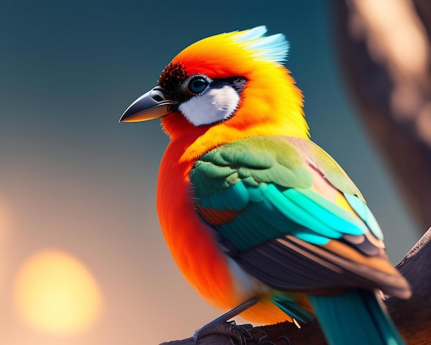 Farbiger Vogel auf dem Hintergrund der Natur 3D-Illustration
