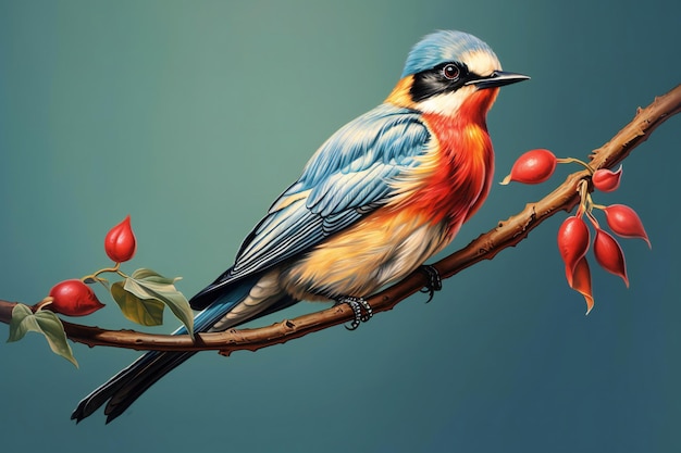 Farbiger Vogel sitzt auf einem Zweig mit roten Beeren Digitale Malerei