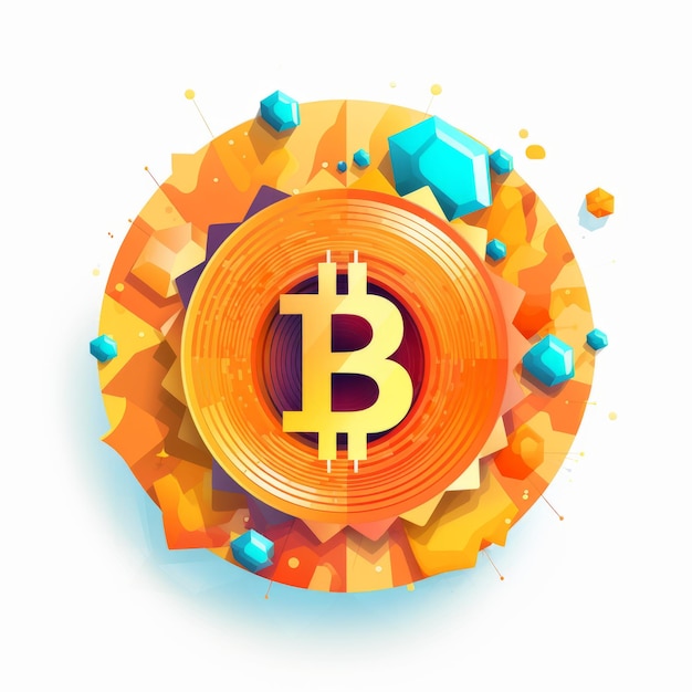 Farbiges Bitcoin-Symbol-Design mit Musikkreisen auf weißem Hintergrund