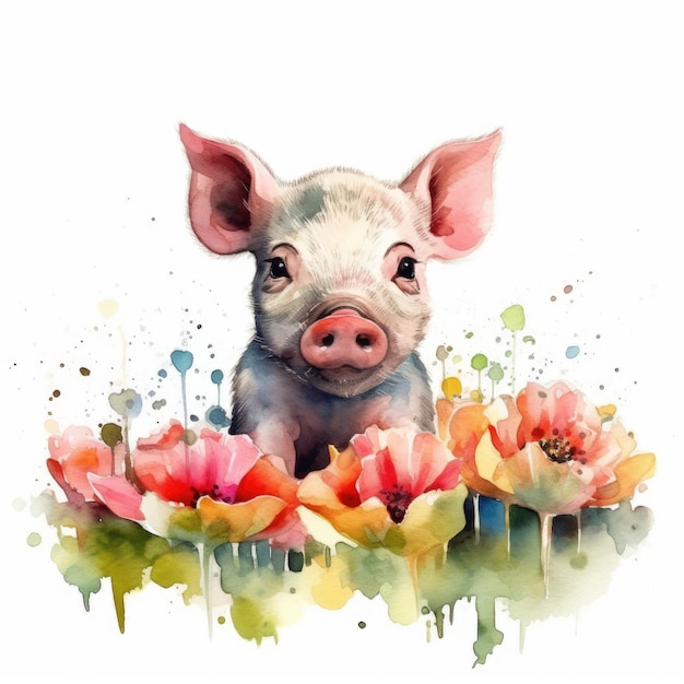 Farbiges Blumenfeld mit niedlichem Schweinchen Aquarellmalerei für Kunstdrucke und Grußkarten
