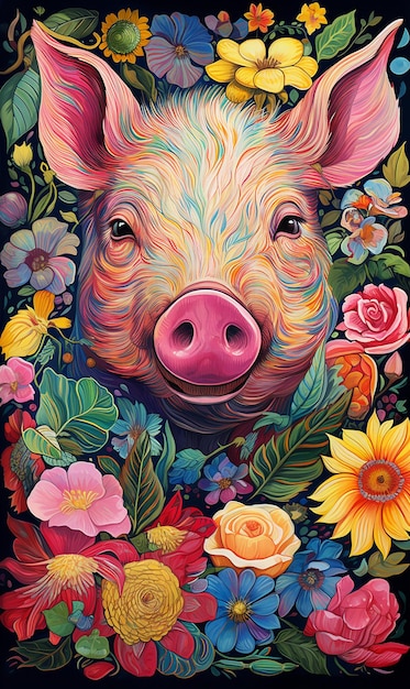 Foto farbiges blumiges schwein auf abstraktem poster-stil naive art