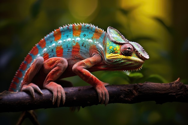 Farbiges Chamäleon auf einem Zweig im Wald Nahaufnahme eines hellen Chamäleons auf dem Zweig auf dunklem Hintergrund Ai generiert