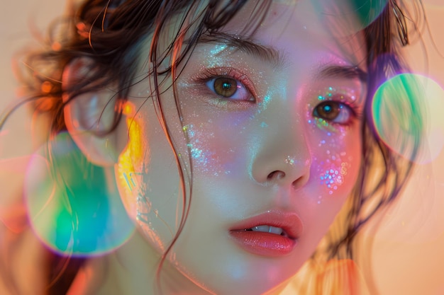 Farbiges Close-Up-Porträt einer jungen Frau mit glitzerndem Make-up und Regenbogen-Lichtspiegelungen