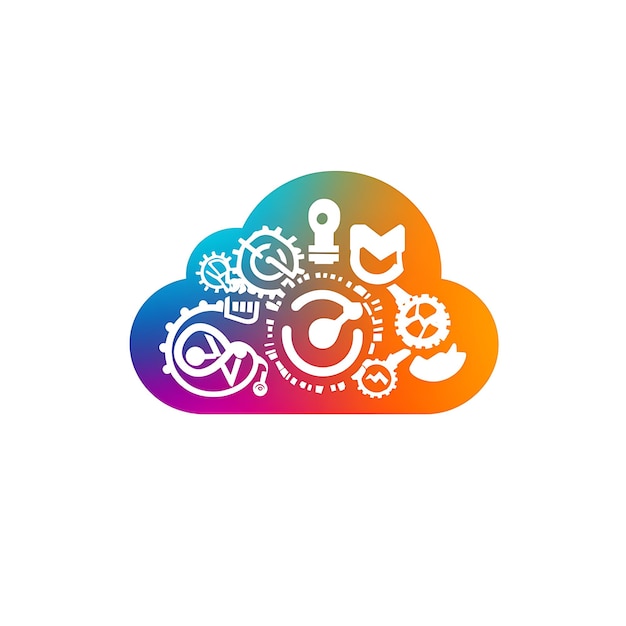 Farbiges Cloud-Computing-Symbol mit Zahnrädern und Technologiesymbolen