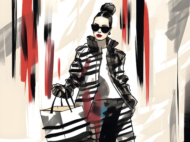 Foto farbiges digitales kunstdesign einer schönen dame mit einkaufstaschen in einer doodle-illustration