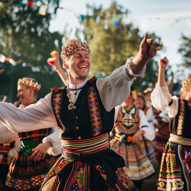 Farbiges estnisches Volkstanzfestival Bild von Menschen, die im Freien tanzen