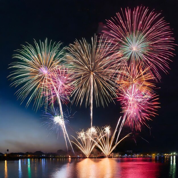 Farbiges Feuerwerk mit Feuerwerk in der dunklen Nacht