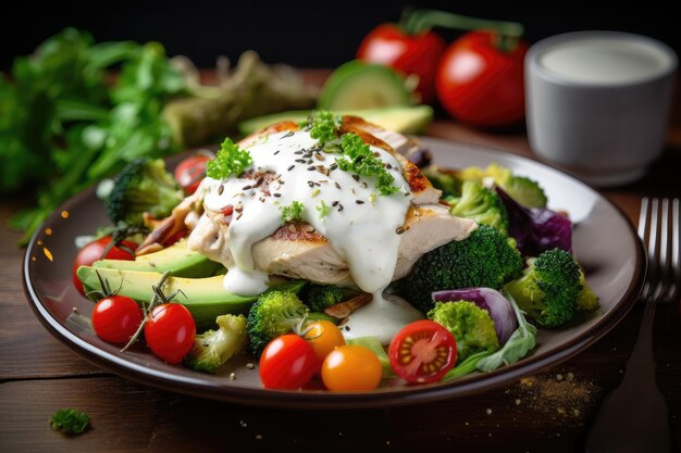 Farbiges Fitnessgericht Huhn Brokkoli Quinoa Tomate und Avocado mit Joghurtsauce generative IA