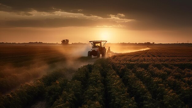 Farbiges Foto eines Traktors, der Pestizide auf einem Sojapflanzen besprüht