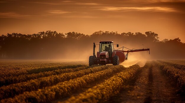 Farbiges Foto eines Traktors, der Pestizide auf einem Sojapflanzen besprüht