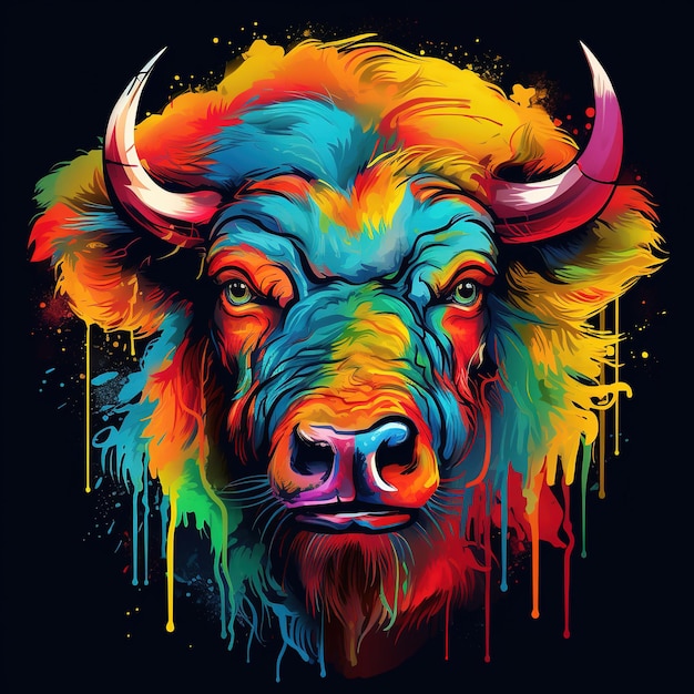 Farbiges Gemälde eines Bisonkopfes auf schwarzem Hintergrund Säugetiere Wildtiere Illustration Generative KI