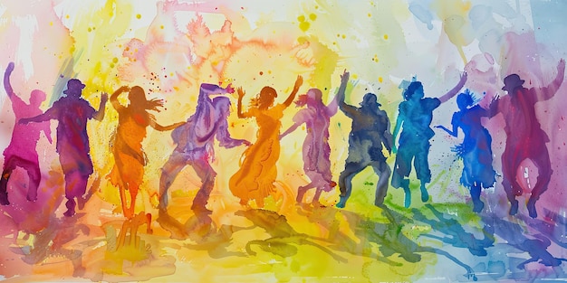 Farbiges Gemälde von Menschen, die in leuchtenden Farben tanzen, Holi spielen und Farben in der Luft spritzen