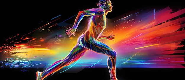 Foto farbiges holographisches menschliches läufer-sport auf dunklem hintergrund ki-generiertes bild