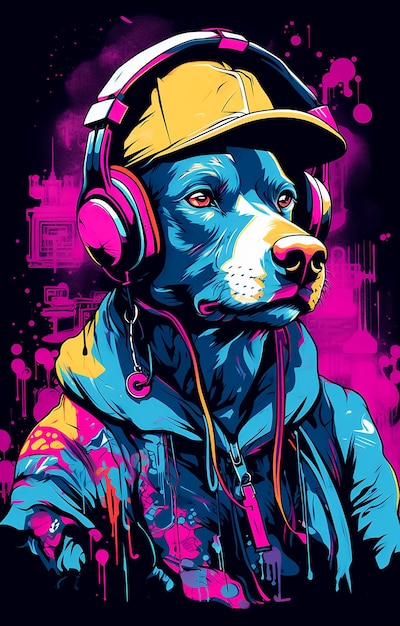 Farbiges Illustrationsposter für einen Cute Dog in blau-gelben glänzenden Farben