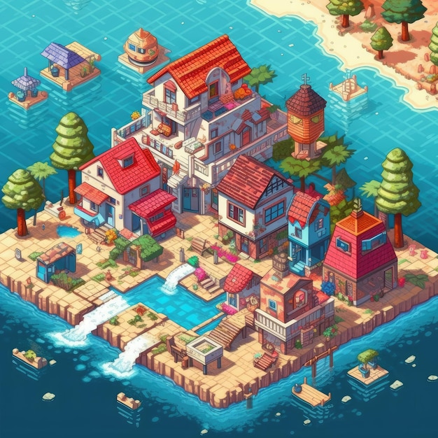 Farbiges Inseldorf mit Booten und Bäumen Illustration Generative KI