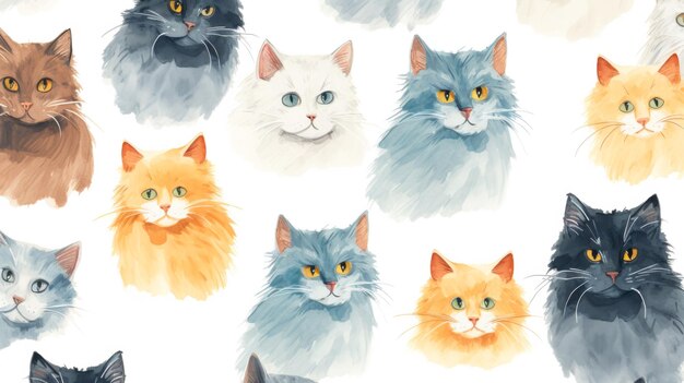 Farbiges Katzenmuster auf weißem Hintergrund Kreative Collage von illustrierten Katzen in verschiedenen Farben für Design oder Tapeten Aquarell-Stil Generierte KI