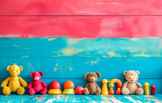 Foto farbiges kinderspielzeug auf gestreiftem hintergrund