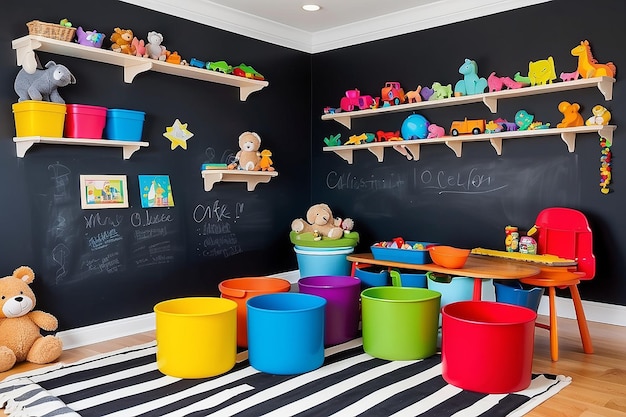 Foto farbiges kinderspielzimmer mit tafelwand und spielzeugbehältern